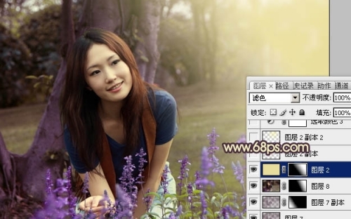 photoshop调出树林美女图片温馨的黄紫色
