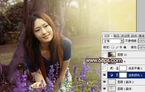 photoshop调出树林美女图片温馨的黄紫色